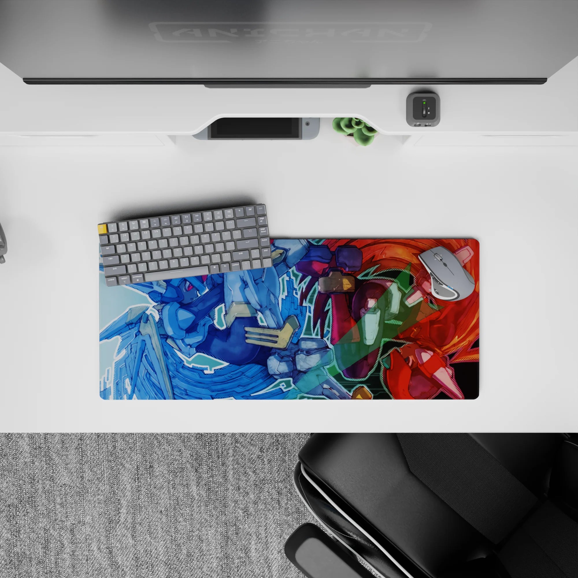 28x12 inches anime mouse pad in icy blue vs crimson heat, loud adrenaline boss-fight energy for gaming.