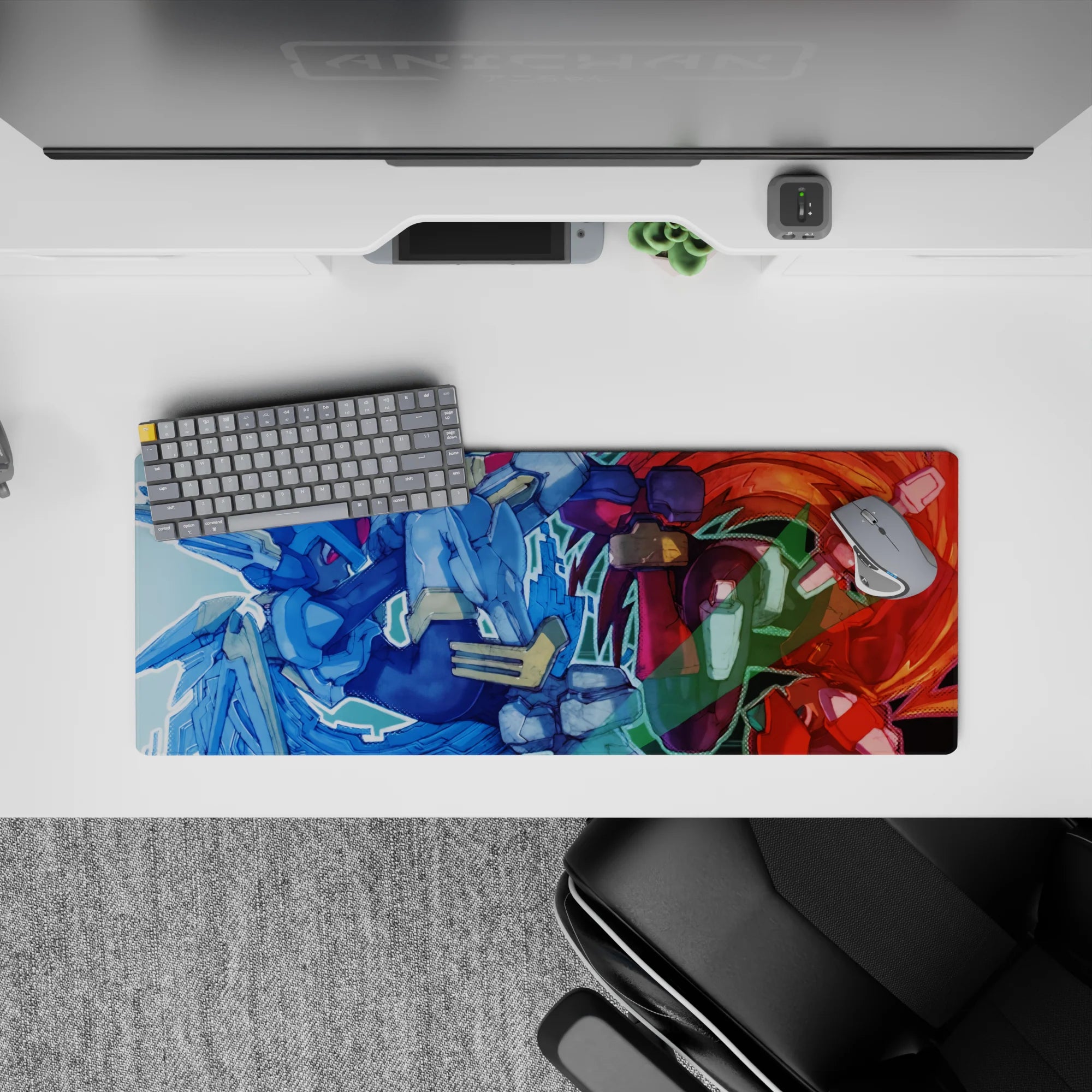 32x12 inches anime mouse pad in icy blue vs crimson heat, loud boss-fight energy with glossy armor shine.