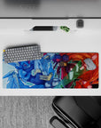32x12 inches anime mouse pad in icy blue vs crimson heat, loud boss-fight energy with glossy armor shine.