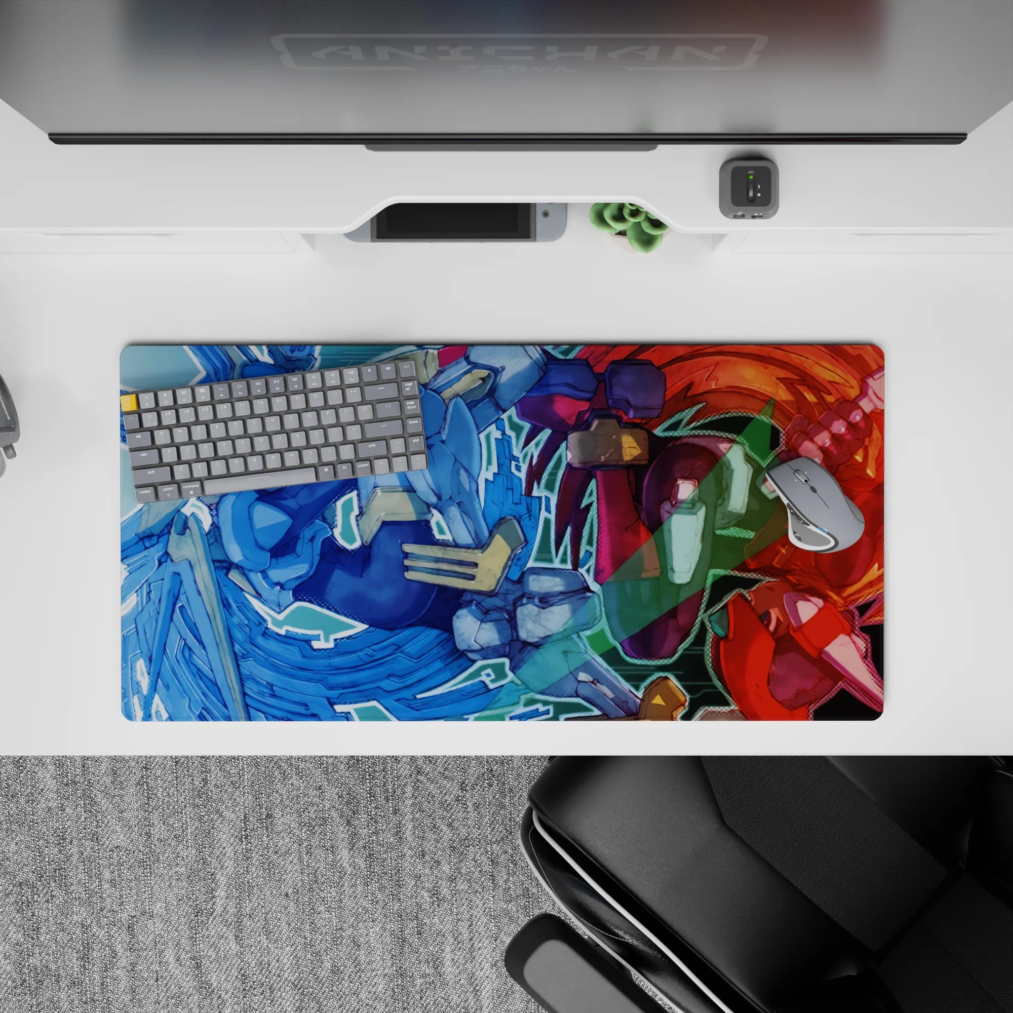 Anime mouse pad 32x16 inches in icy blue vs crimson heat, high-adrenaline boss-fight vibe.