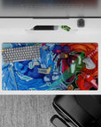 Anime mouse pad 32x16 inches in icy blue vs crimson heat, high-adrenaline boss-fight vibe.