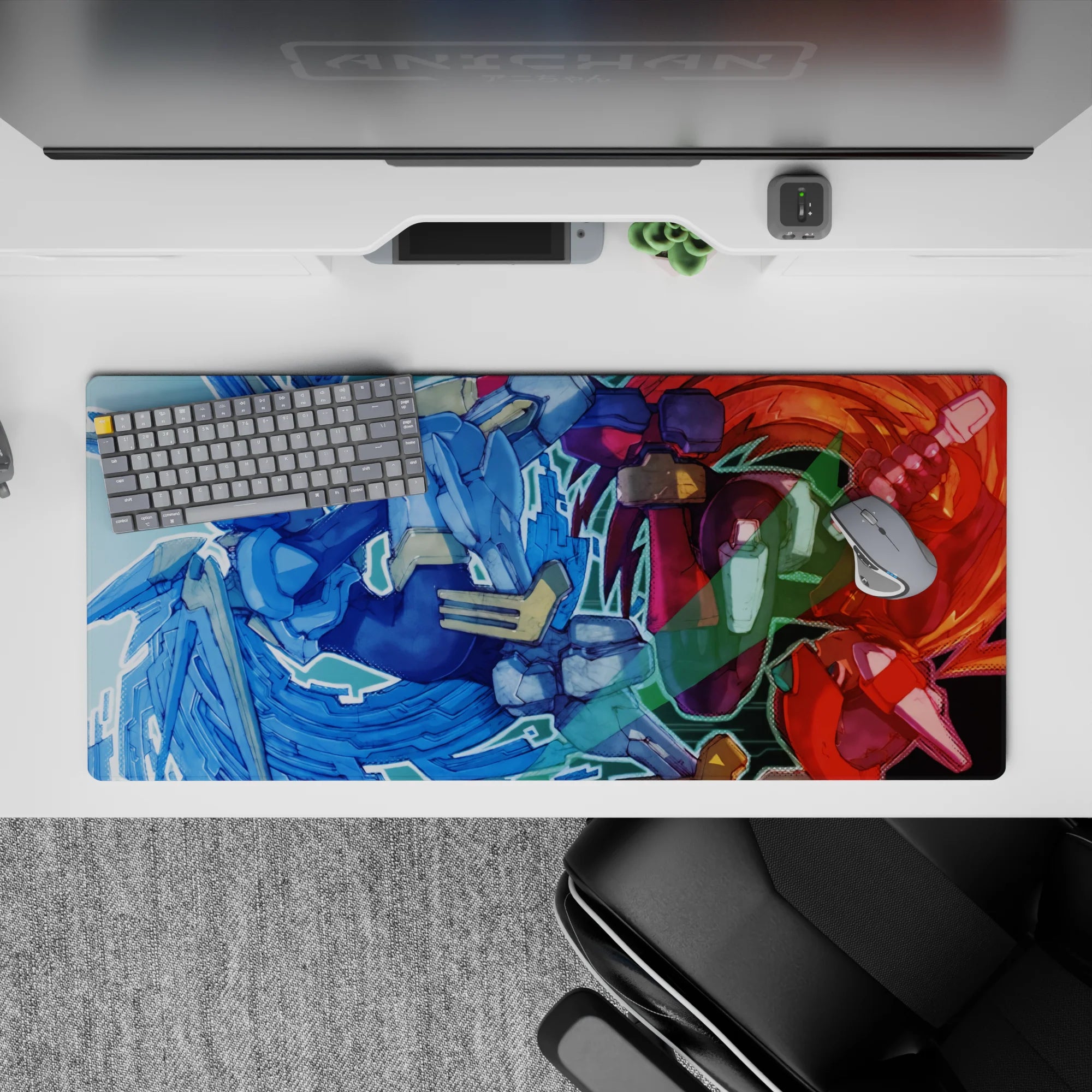 Adrenaline anime desk pad 36x16 inches in icy blue vs crimson heat, glossy armor and bold neon energy.