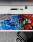 Adrenaline anime desk pad 36x16 inches in icy blue vs crimson heat, glossy armor and bold neon energy.
