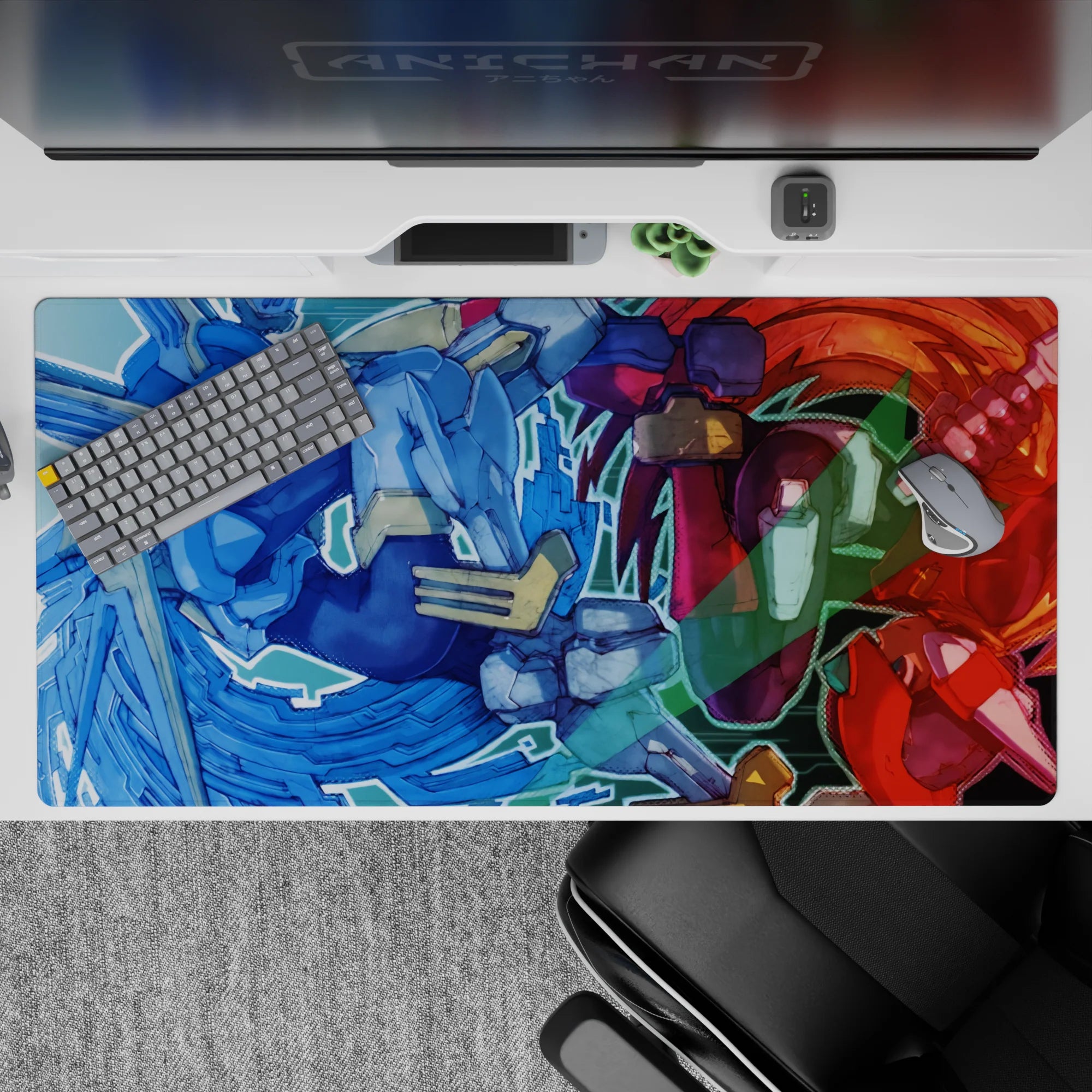 Anime desk pad 40x20 inches in icy blue vs crimson heat, high-adrenaline boss-fight energy.