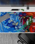 Anime desk pad 40x20 inches in icy blue vs crimson heat, high-adrenaline boss-fight energy.