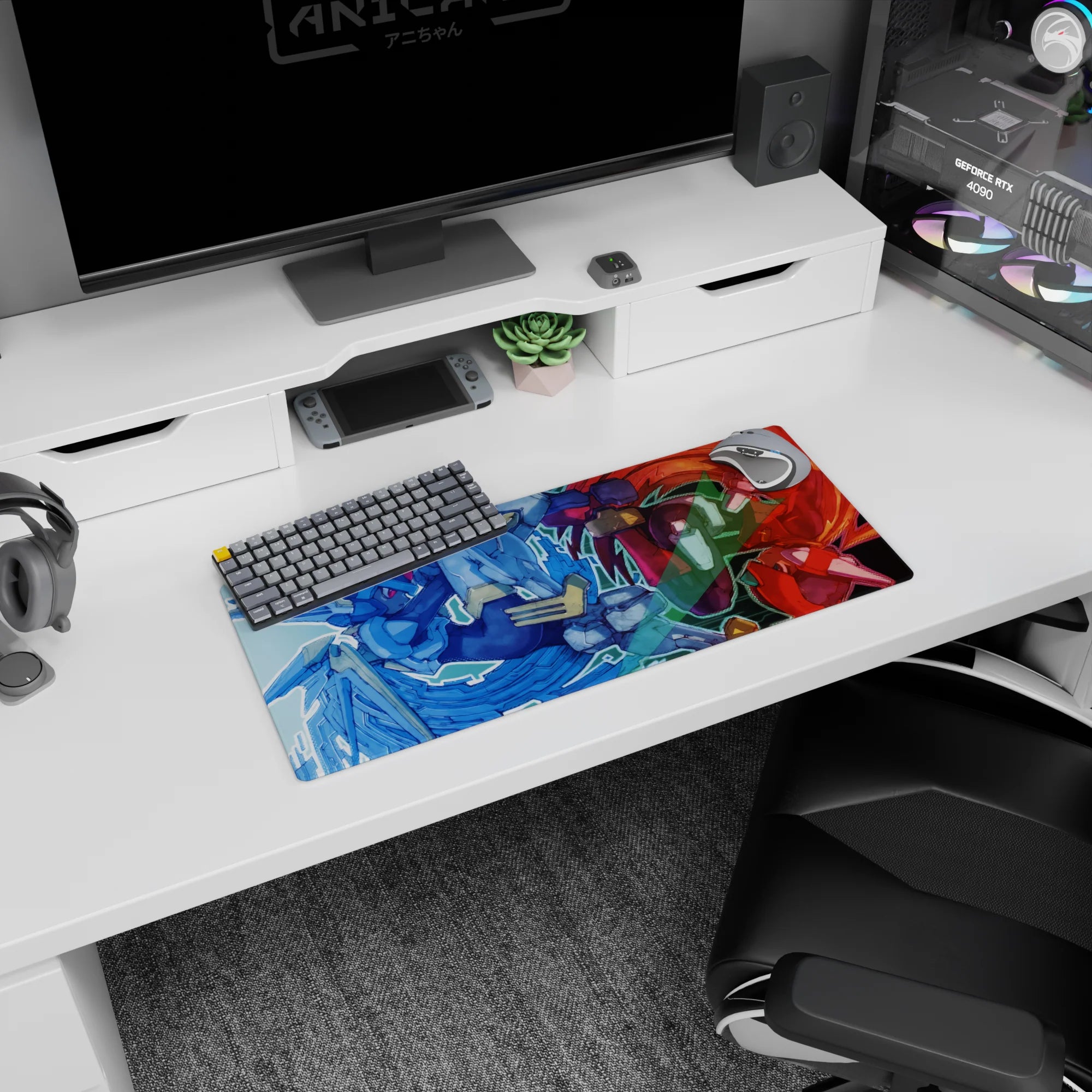 28x12 inches anime mouse pad showing two mecha-style pilots colliding mid-impact, visors and chunky gauntlets.