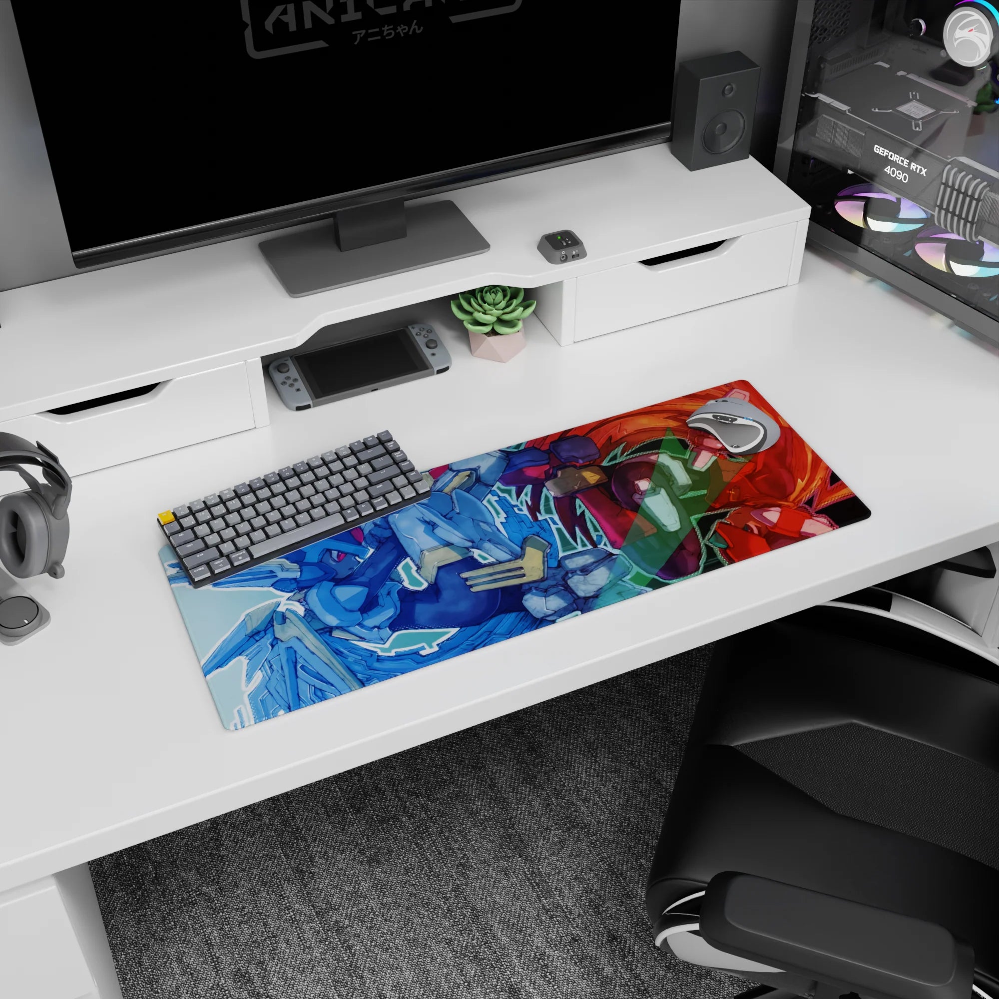 32x12 inches anime mouse pad showing two mecha-style pilots mid-impact, sharp visors and chunky gauntlets.
