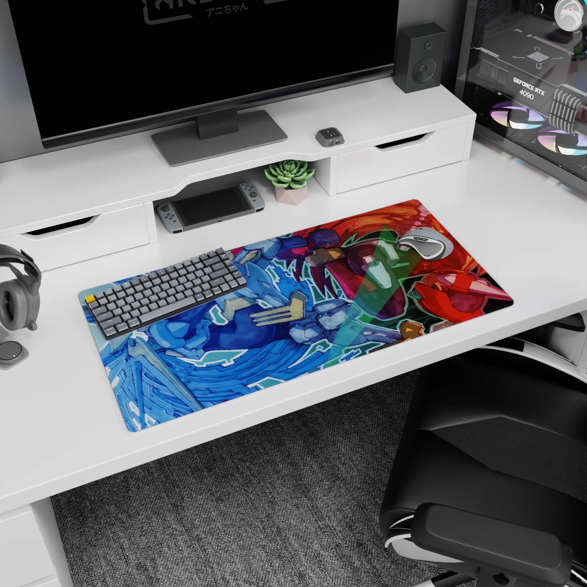 Anime mouse pad 32x16 inches showing two glossy armored fighters mid-impact, sharp visors and chunky gauntlets.