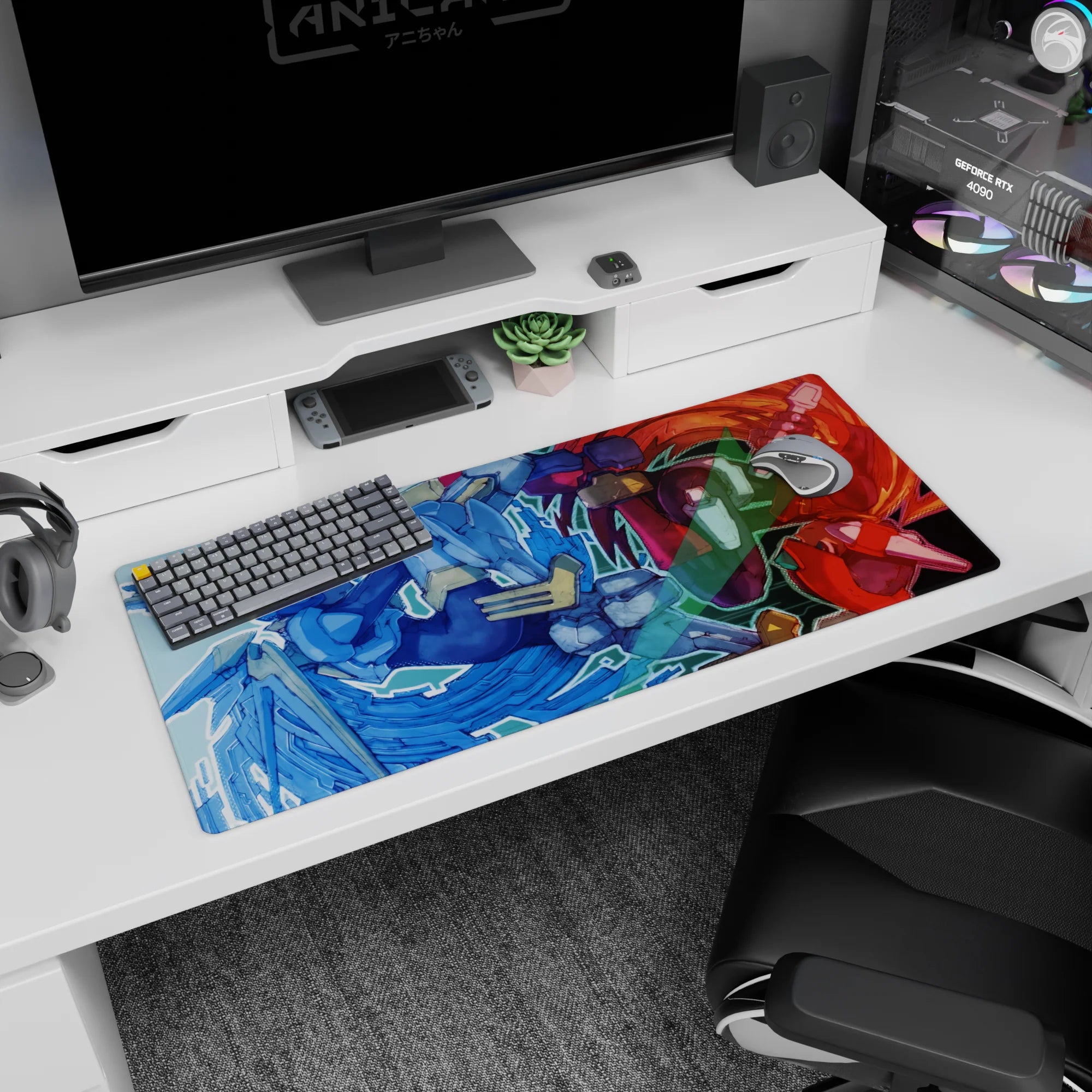 36x16 inches anime desk pad showing two armored pilots colliding mid-impact, sharp visors and chunky gauntlets.