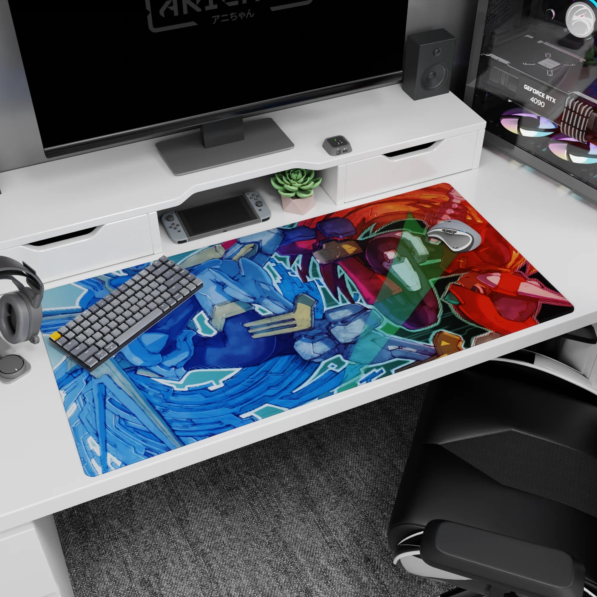 Anime desk pad 40x20 inches showing two armored pilots mid-impact, sharp visors and chunky gauntlets.