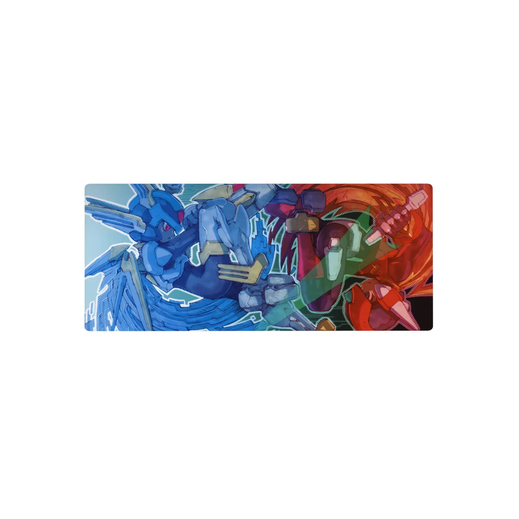 28x12 inches anime mouse pad with two armored pilots clashing, comic outlines and glitchy city backdrop.