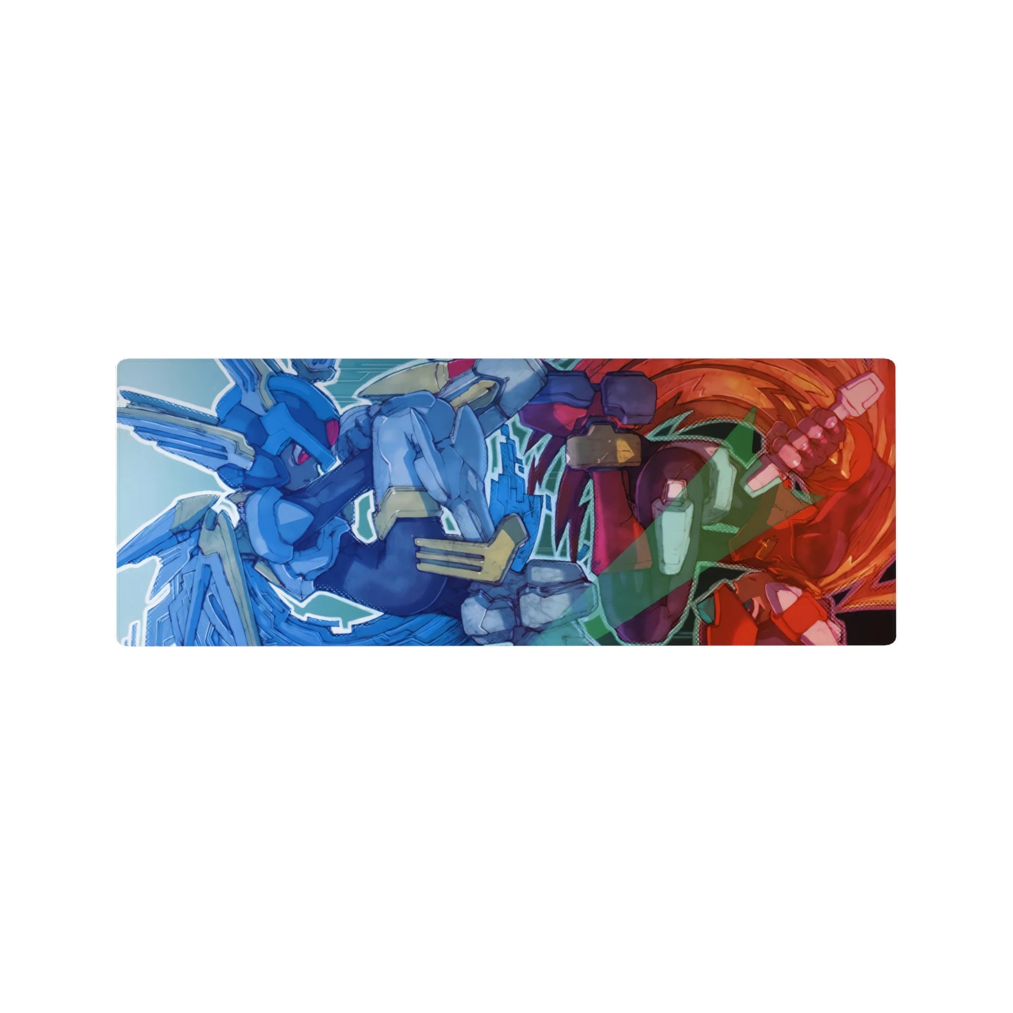 32x12 inches anime mouse pad with two armored pilots clashing, comic outlines and glitchy city backdrop.