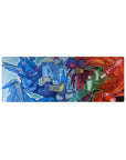 32x12 inches anime mouse pad with two armored pilots clashing, comic outlines and glitchy city backdrop.