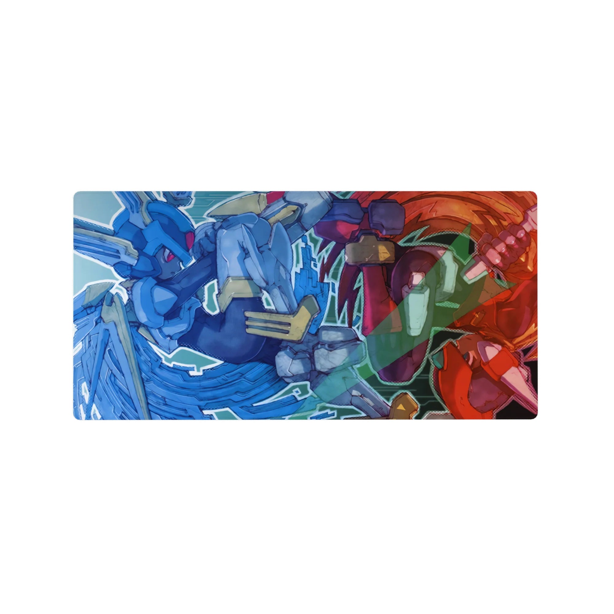 Anime mouse pad 32x16 inches with two armored pilots clashing, comic outlines and glitchy city backdrop.