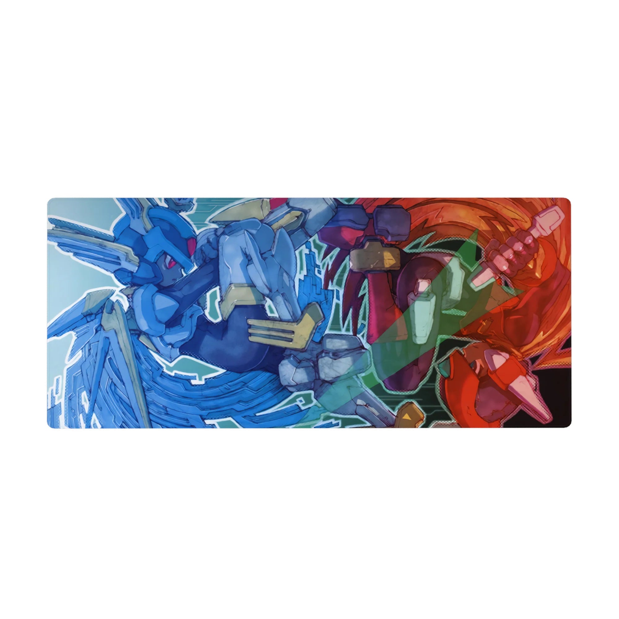 Anime desk pad 36x16 inches with comic-outlined armored pilots clashing over a glitchy city backdrop.