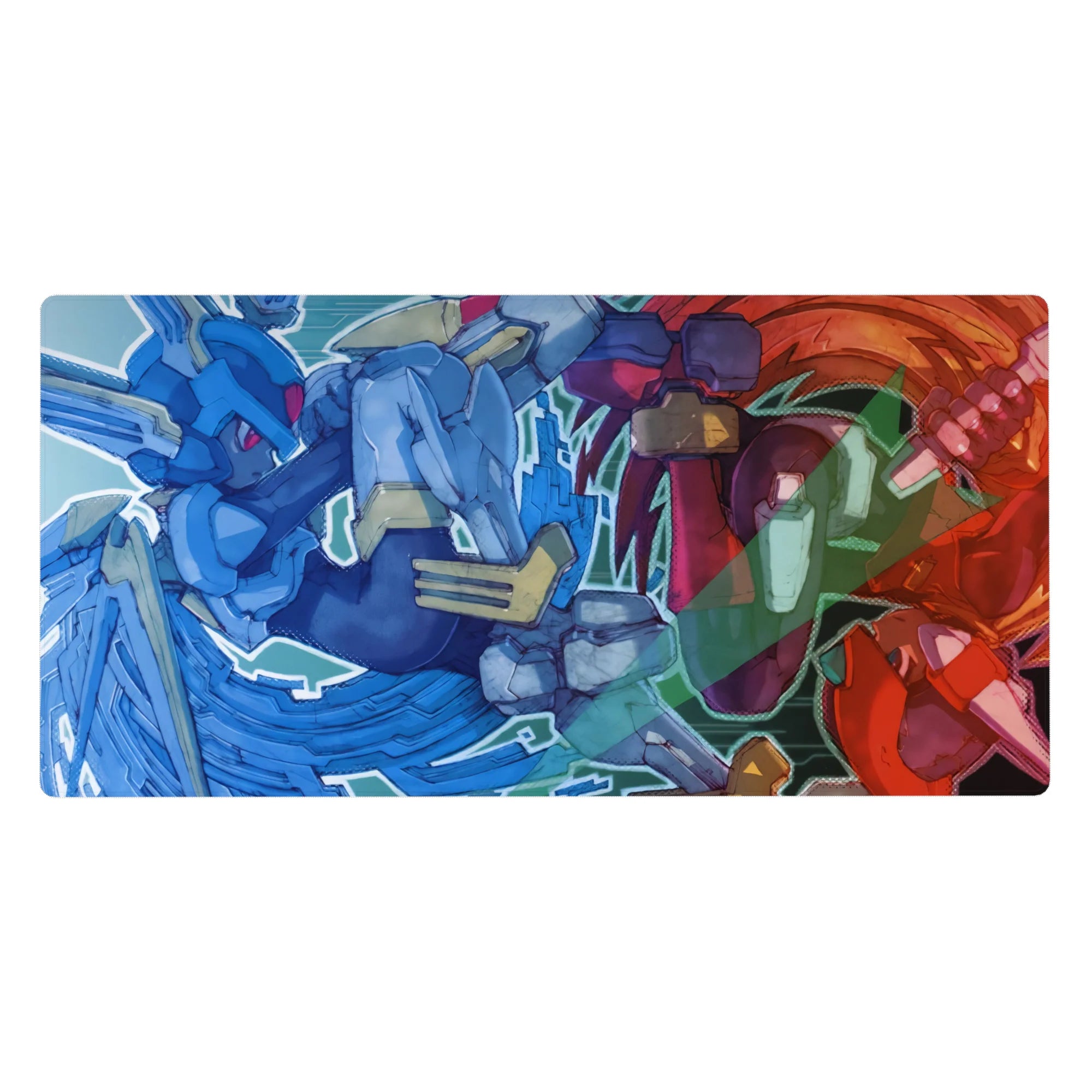 Anime desk pad 40x20 inches with two armored pilots clashing, comic outlines and glitchy city backdrop.