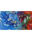 Anime desk pad 40x20 inches with two armored pilots clashing, comic outlines and glitchy city backdrop.