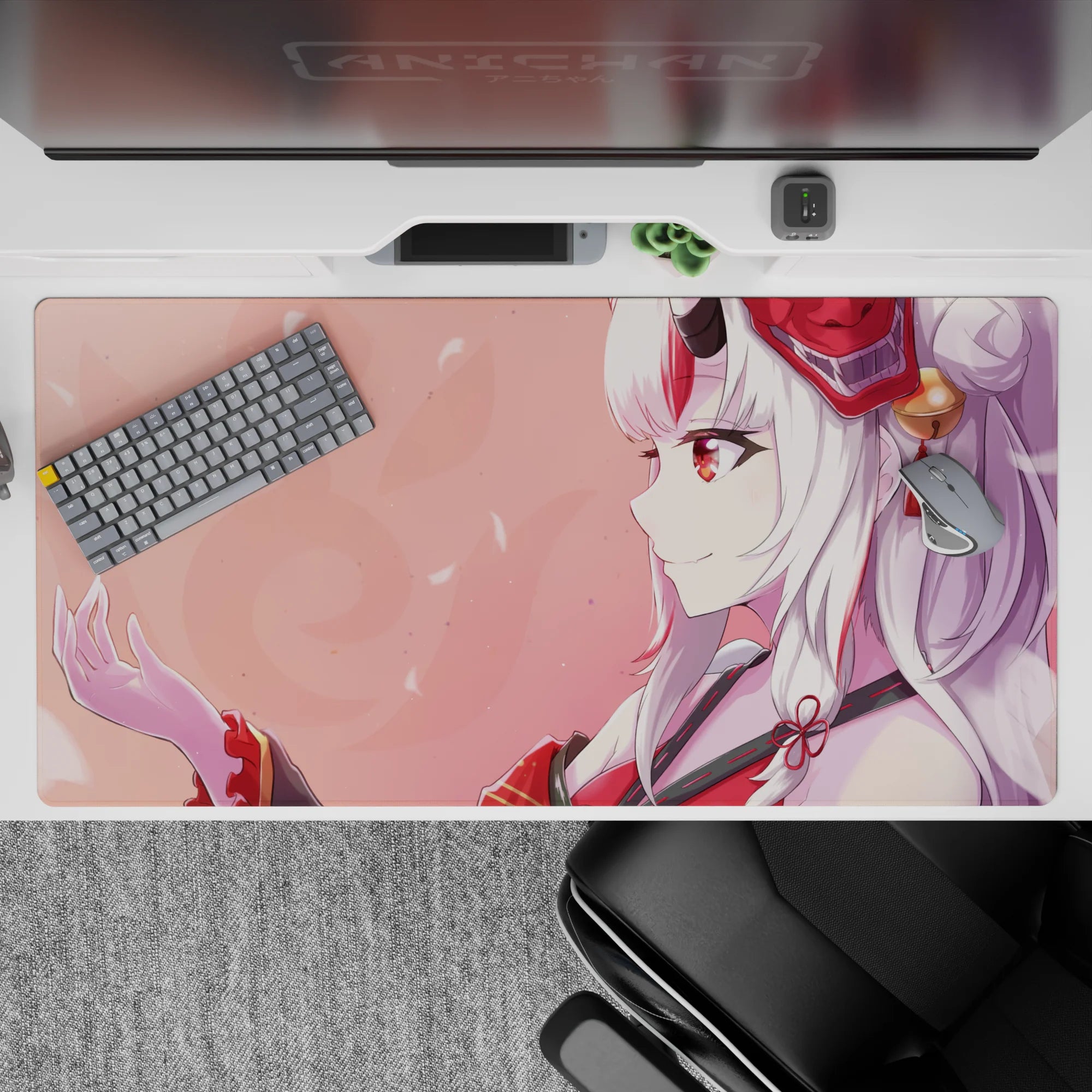 Dreamy pink, warm red and creamy white anime girl desk pad 40x20 inches for cozy gaming setup.