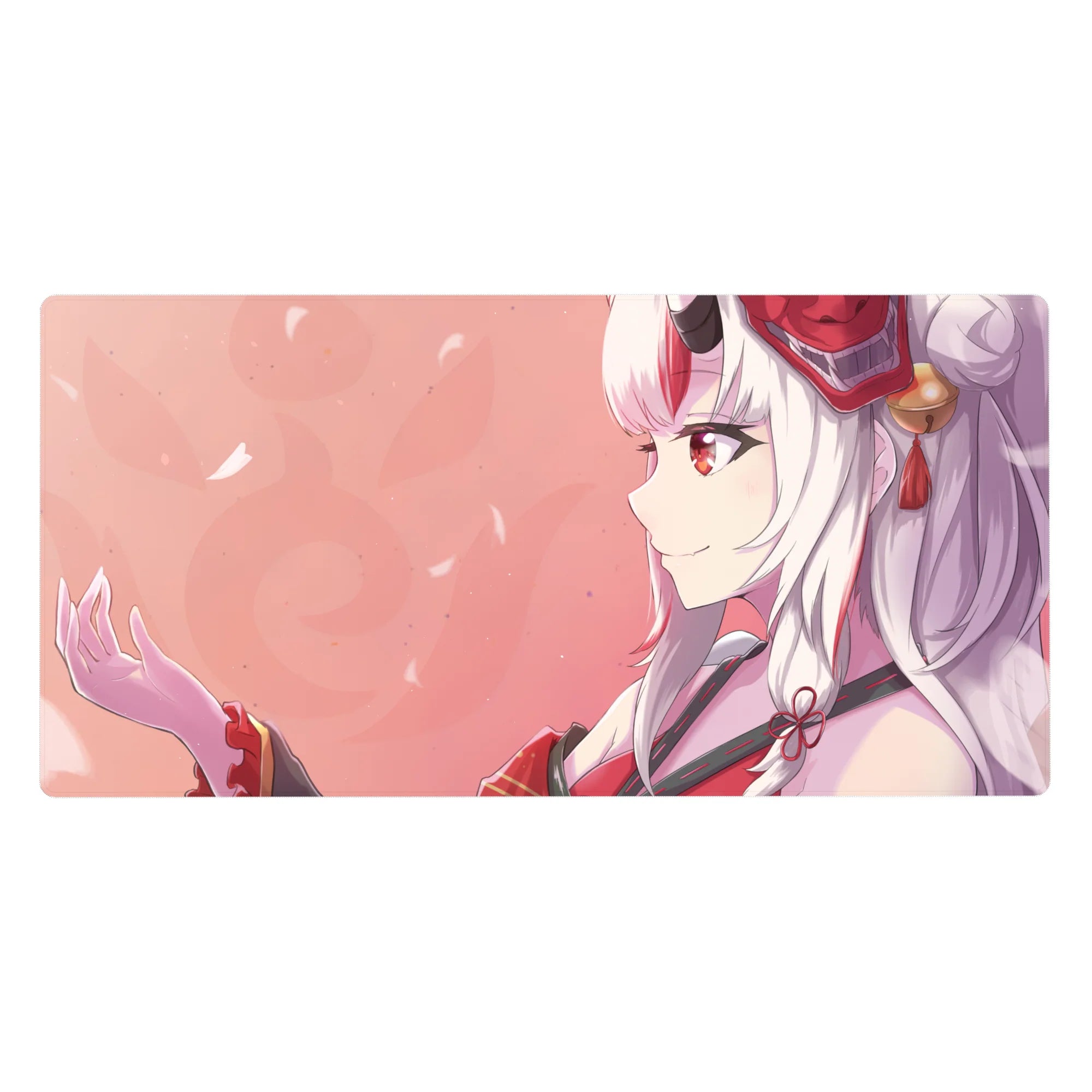 Anime girl desk pad 40x20 inches with fox-eared shrine theme, soft petals, clean minimal background.