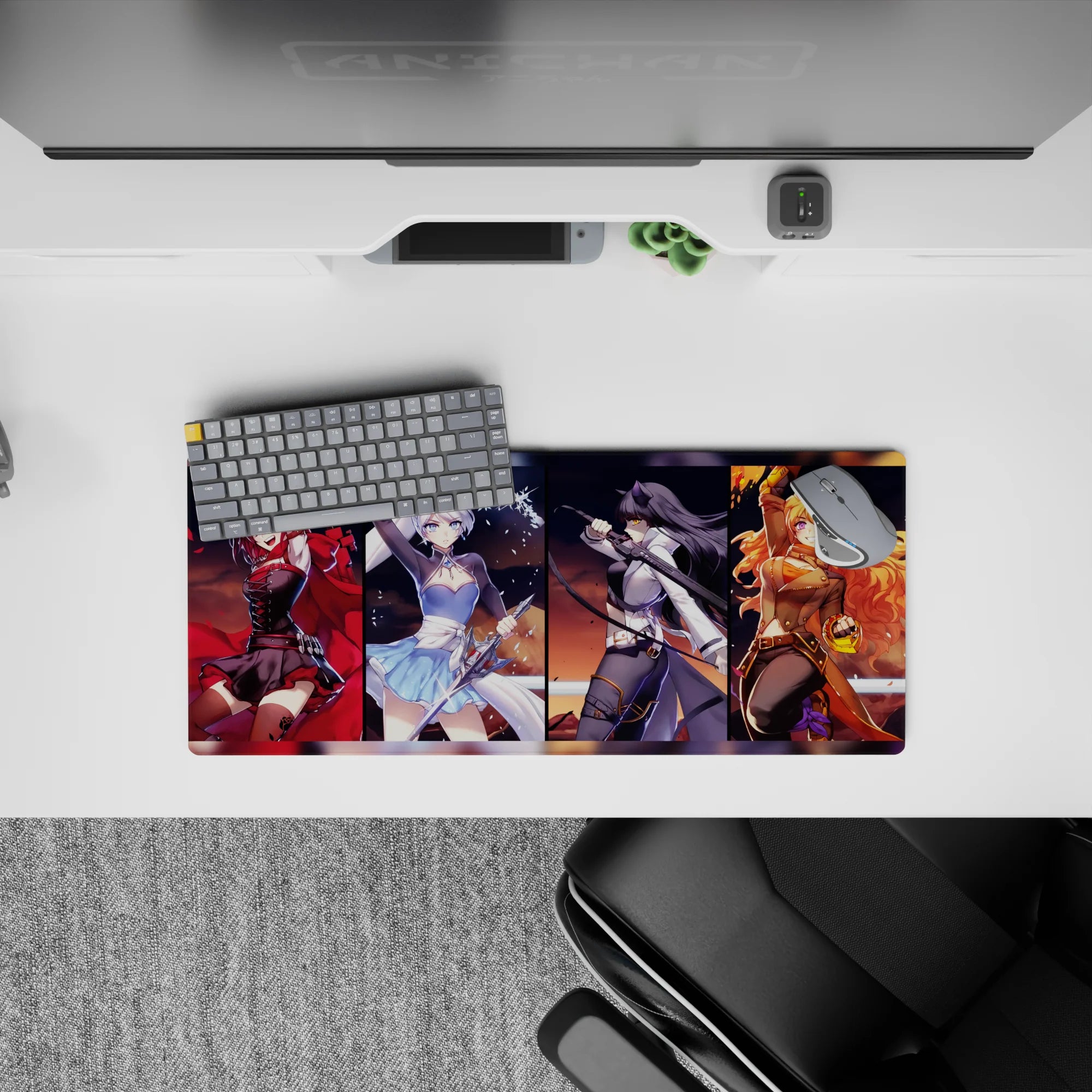 28x12 inches anime girl mouse pad in ruby red, icy blue, midnight black, and sunlit gold energy.