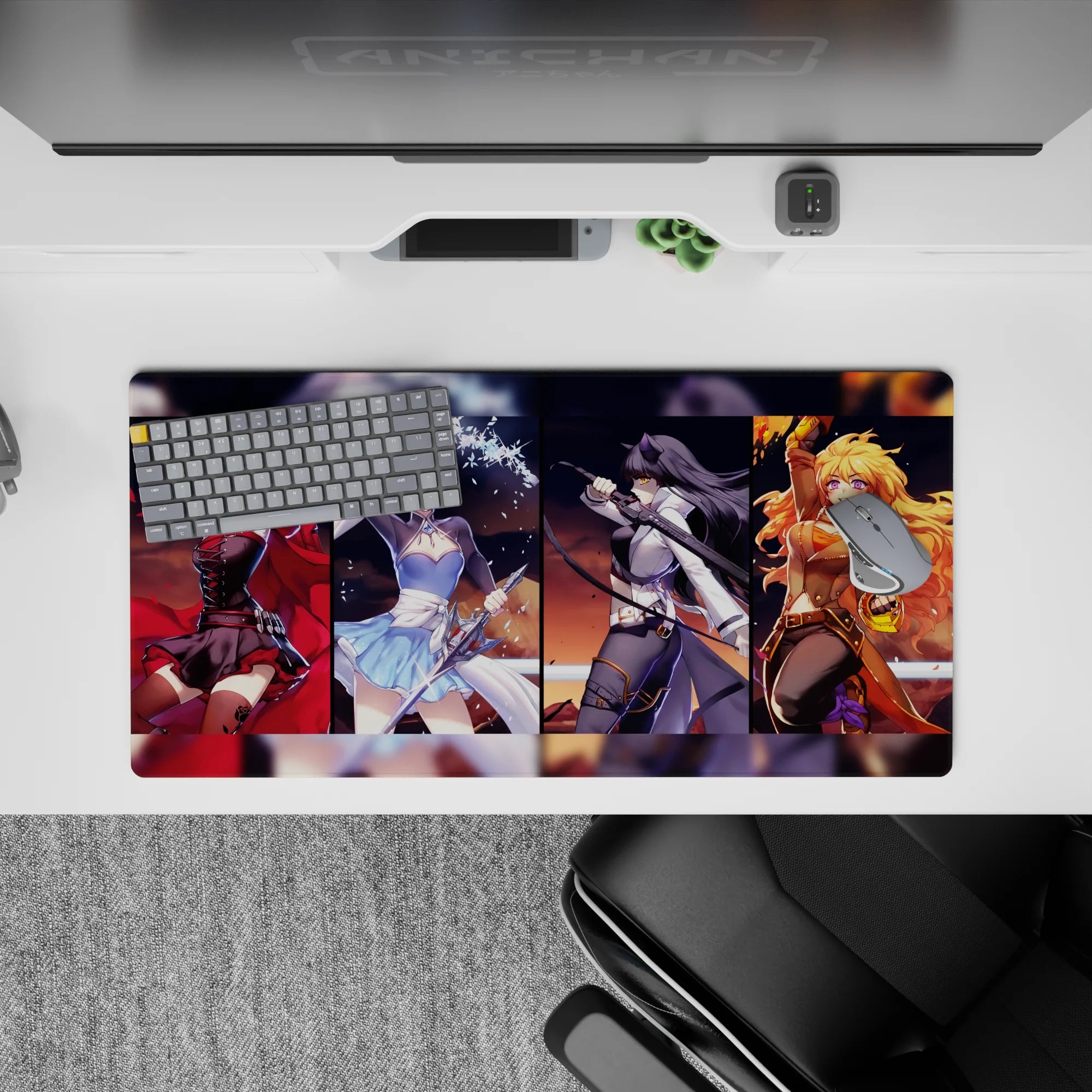 32x16 inches anime girl mouse pad in ruby red, icy blue, midnight black, and sunlit gold, high-energy vibe.