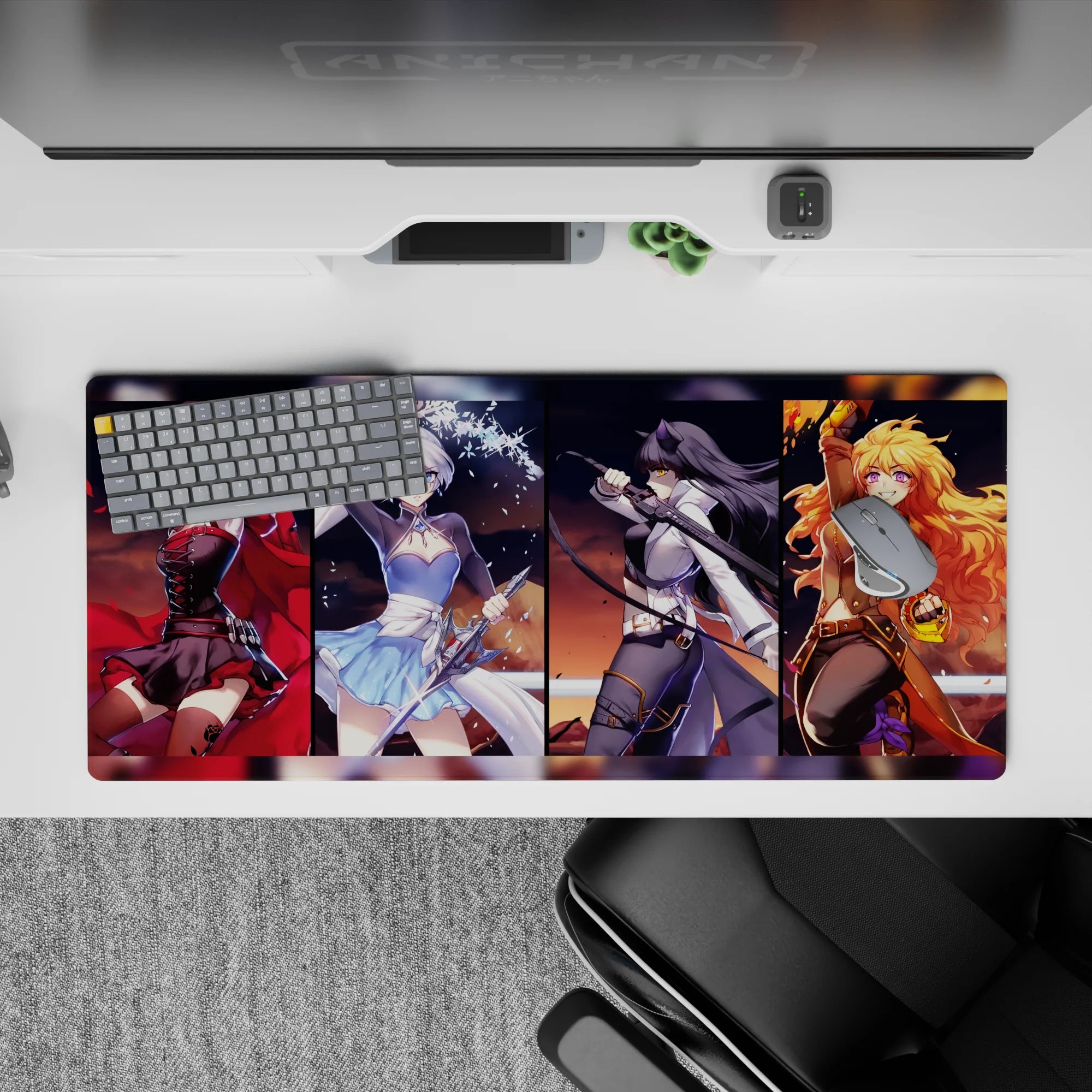 36x16 inches anime girl desk pad in ruby red, icy blue, midnight black, and sunlit gold energy.