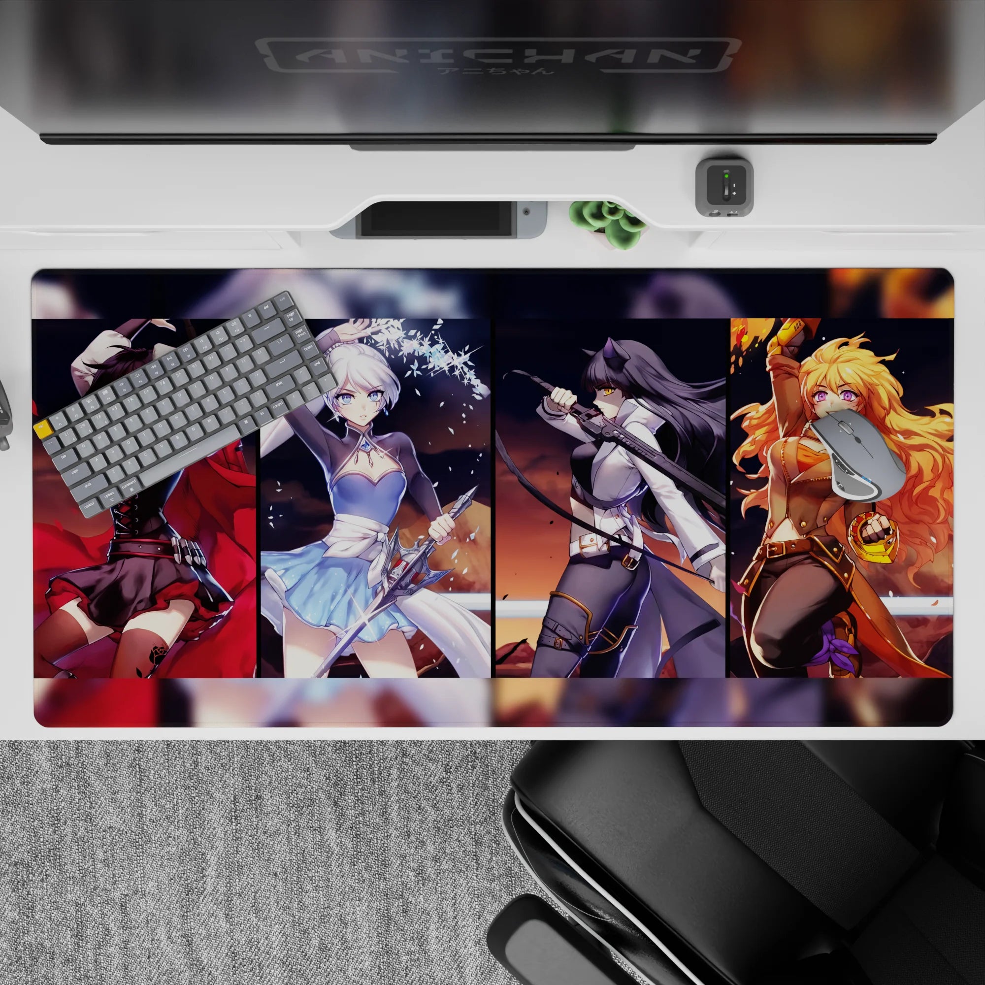 40x20 inches anime desk pad in ruby red, icy blue, midnight black and gold, high-energy hype desk vibe.