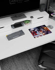 Anime girl mouse pad 14x10 inches featuring a red-cloaked fighter mid-swing beside three heroines.