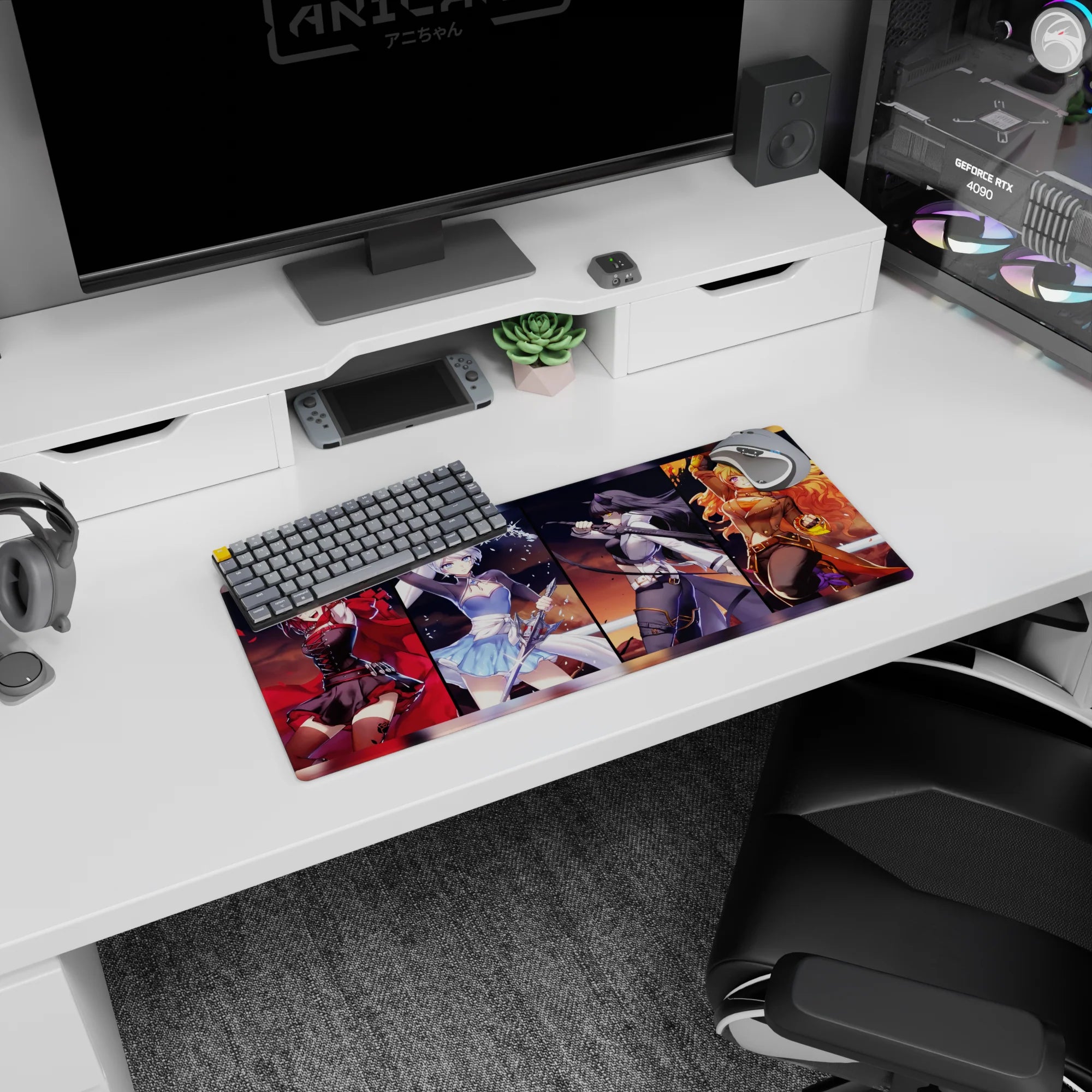 28x12 inches anime girl mouse pad with red-cloaked fighter, blue-dress white hair, swordswoman, blonde brawler.