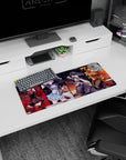 28x12 inches anime girl mouse pad with red-cloaked fighter, blue-dress white hair, swordswoman, blonde brawler.