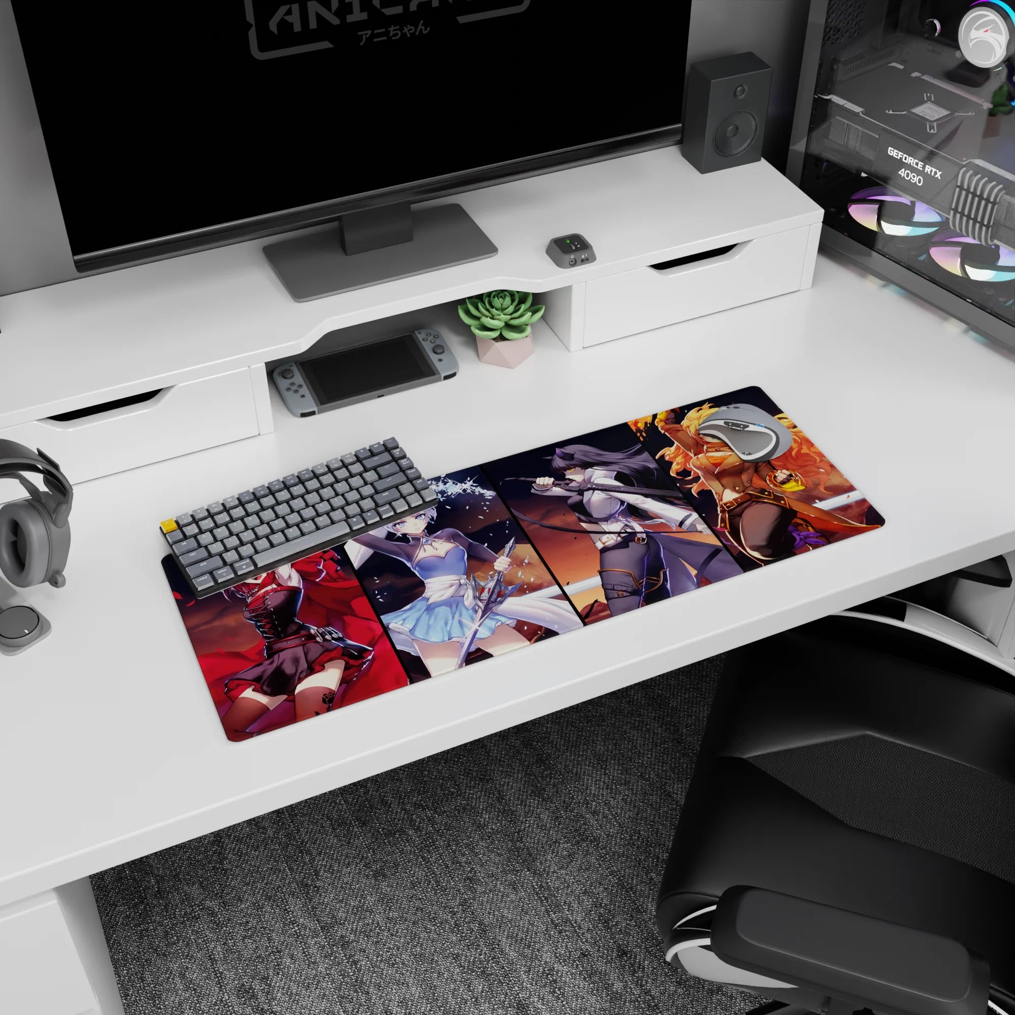 32x12 inches anime girl mouse pad with red-cloaked fighter mid-swing and three confident heroines.