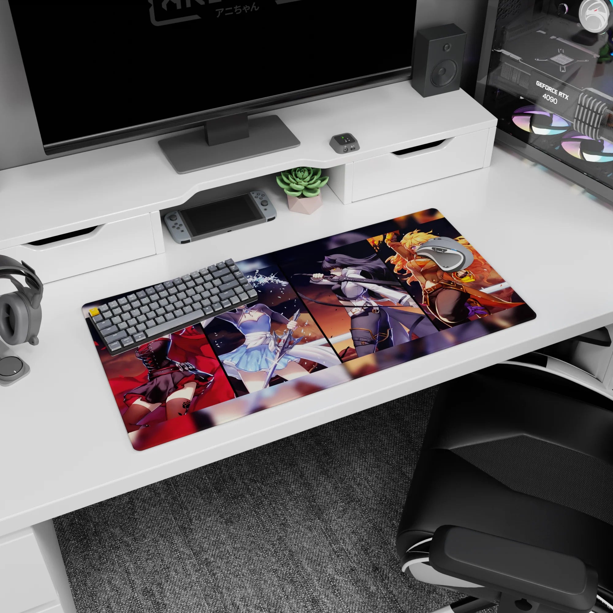 32x16 inches anime girl mouse pad showing red-cloaked fighter, blue-dress white hair, swordswoman, blonde brawler.