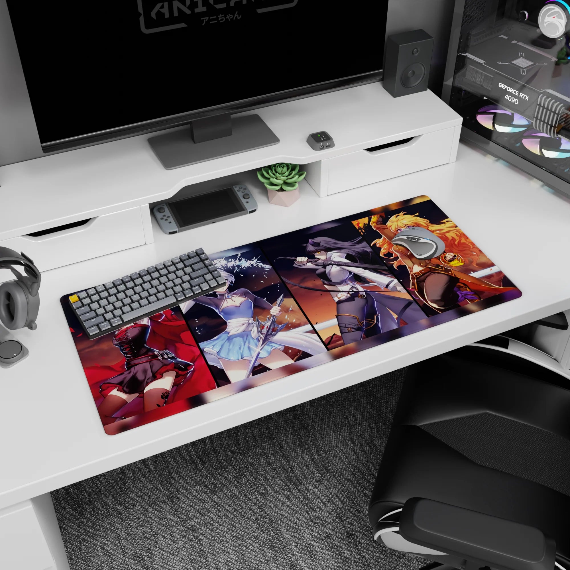 36x16 inches anime girl desk pad showing red-cloaked fighter, white-haired beauty, swordswoman, blonde brawler.
