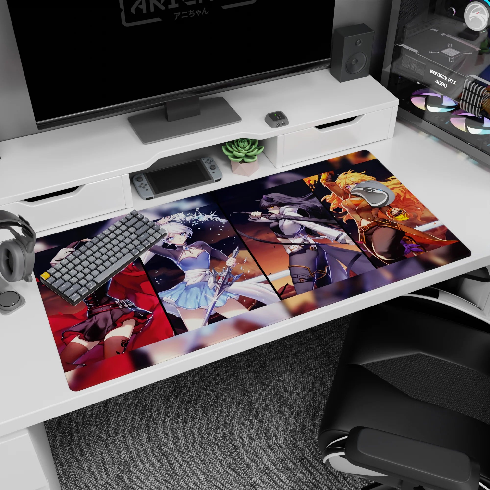 40x20 inches anime girl desk pad with red-cloaked fighter, white-haired beauty, swordswoman, blonde brawler.