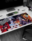 40x20 inches anime girl desk pad with red-cloaked fighter, white-haired beauty, swordswoman, blonde brawler.