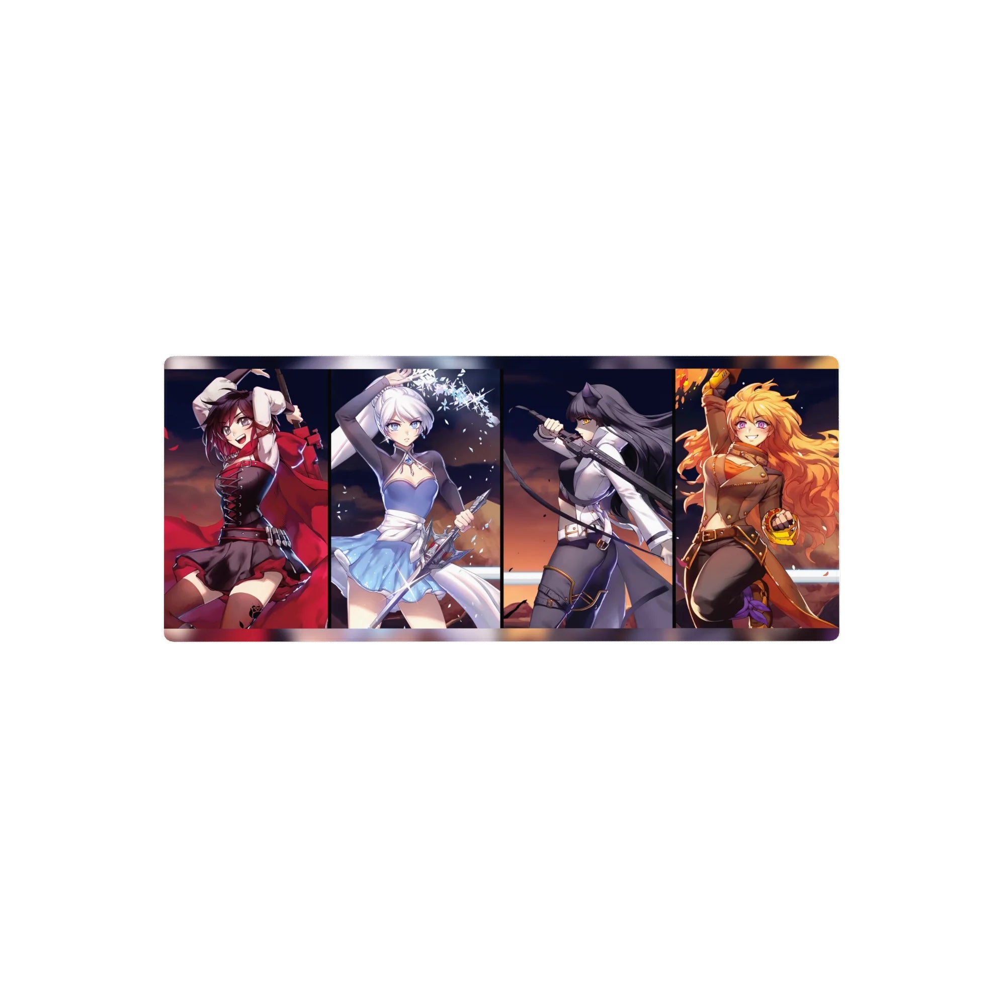 28x12 inches anime girl mouse pad with four heroines in bold split panels, poster-style artwork.