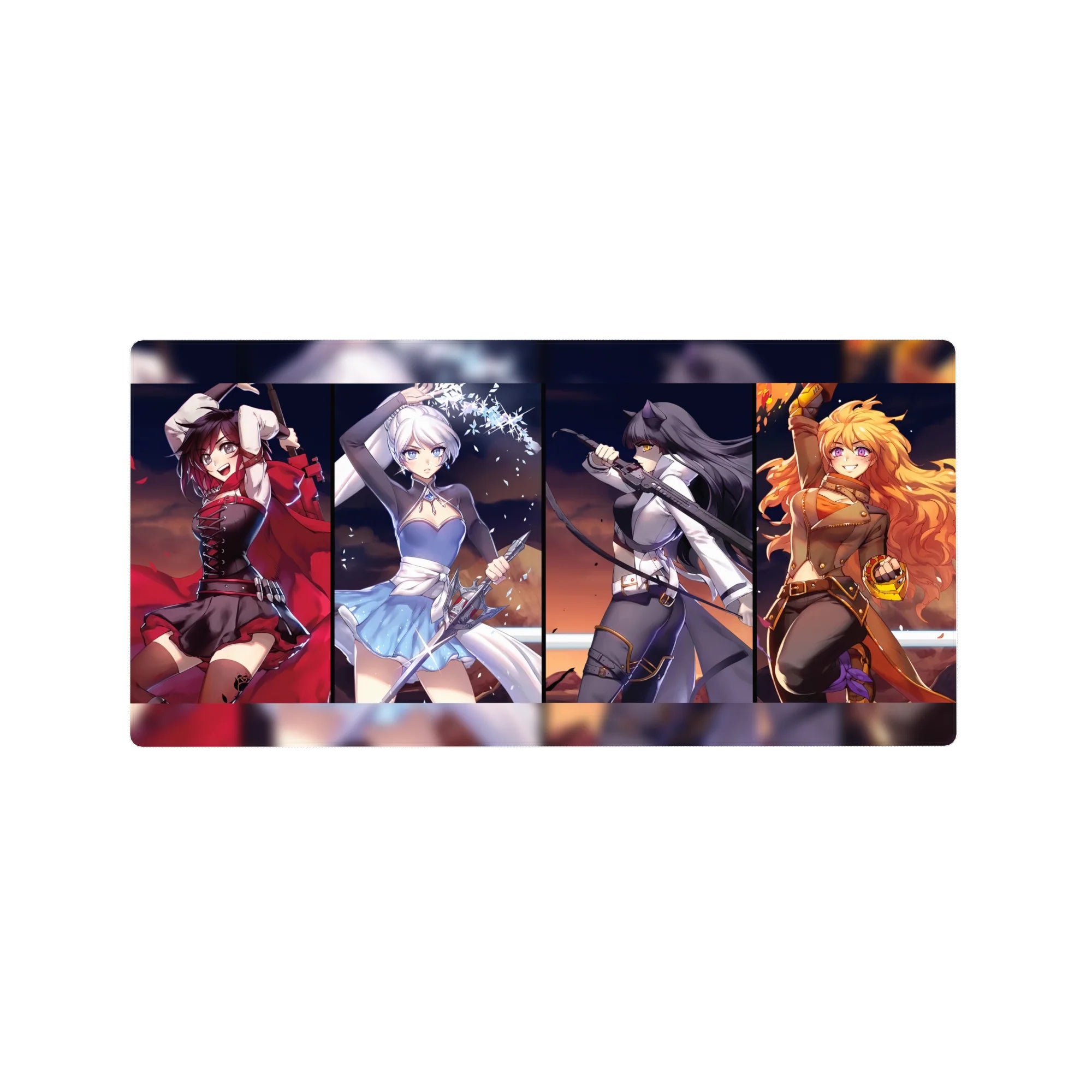 32x16 inches anime girl mouse pad with four heroines in bold split panels, poster-style desk mat.