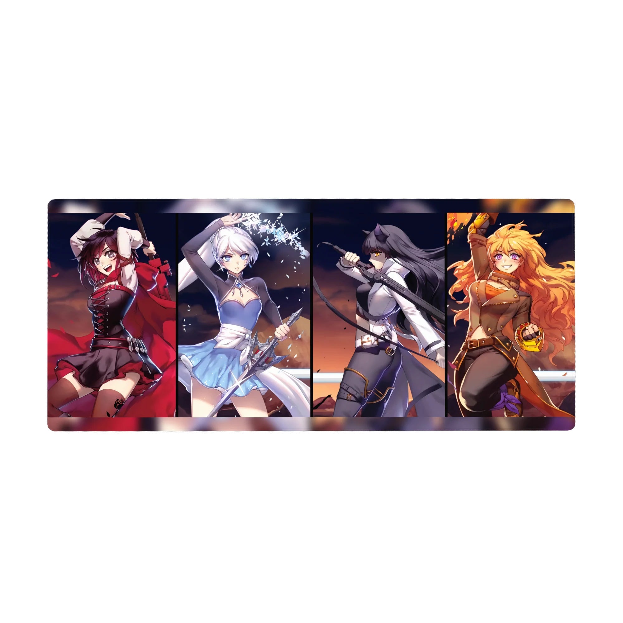 36x16 inches anime girl desk pad with four heroine panels, poster-style art for gaming setups.