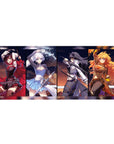 36x16 inches anime girl desk pad with four heroine panels, poster-style art for gaming setups.