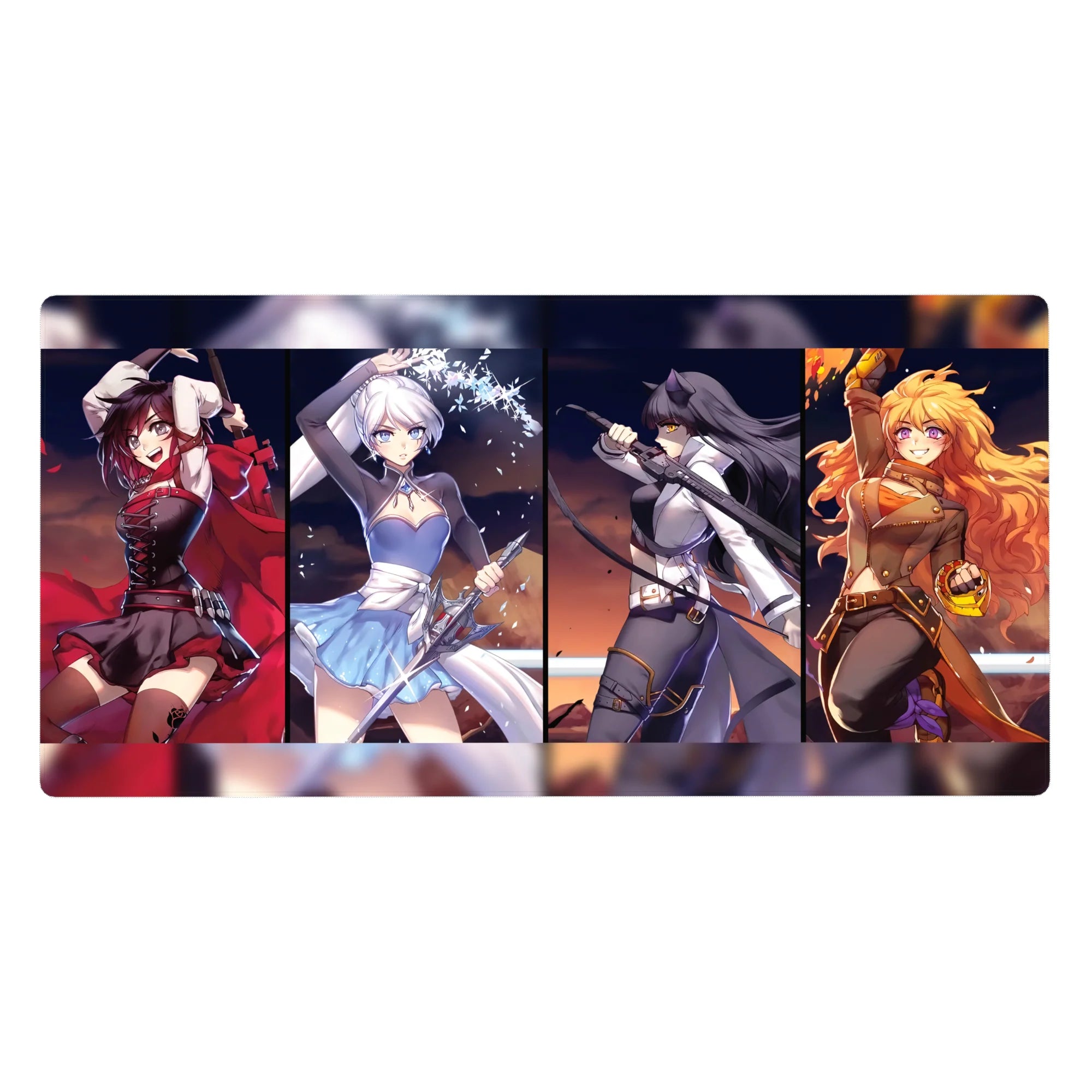 40x20 inches anime girl desk pad with four heroines in bold split panels, poster-style gaming mat.