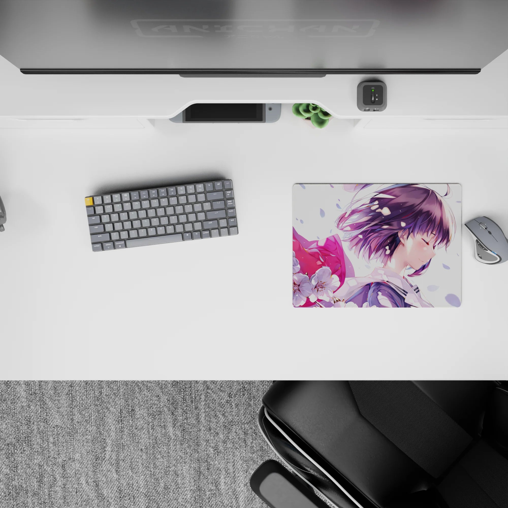 Soft pastel anime mouse pad 14x10 inches in spring tones, calm flirty vibe with crisp sakura petals.