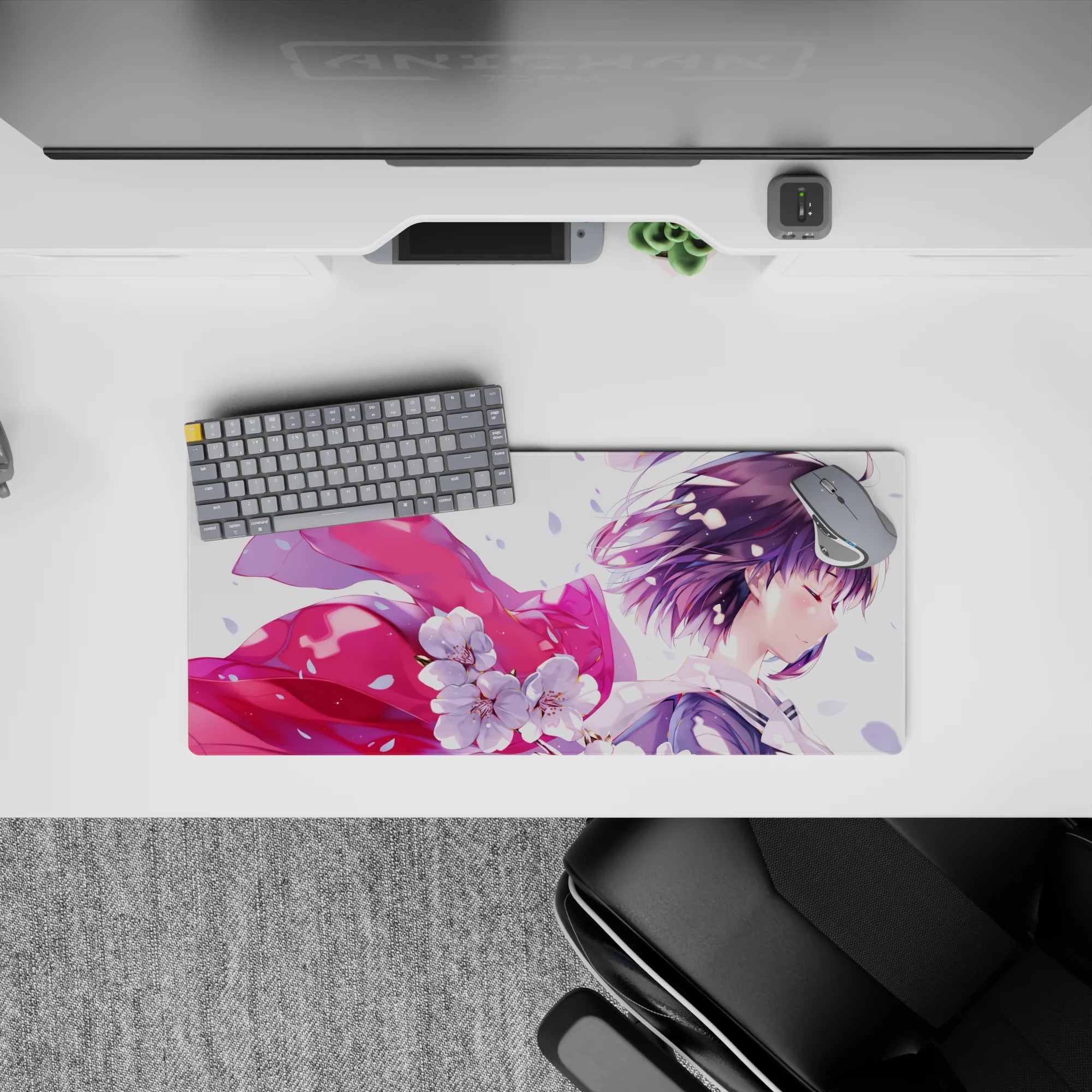 Pastel spring vibe mouse pad 28x12 inches, soft lavender and blush tones, calm flirty anime aesthetic.