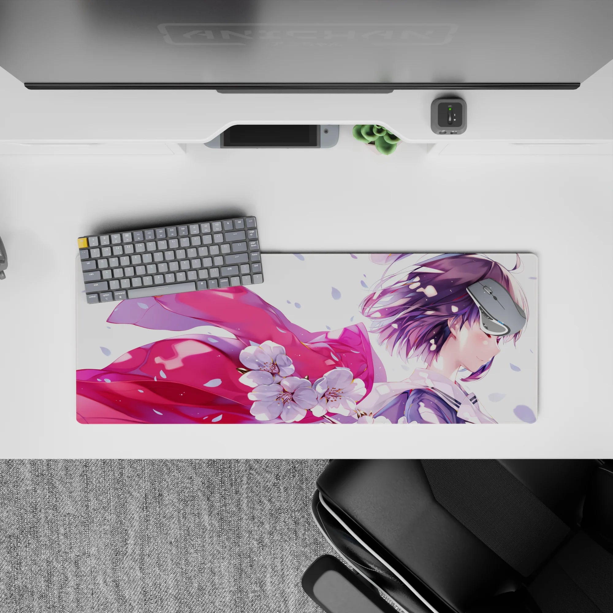 32x12 inches pastel lavender and pink kawaii mouse pad, calm spring daydream mood with crisp sakura petals.
