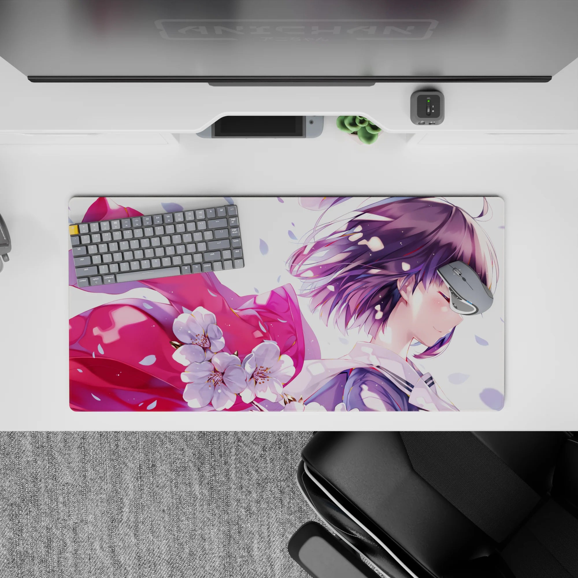 32x16 inches pastel spring mouse pad in soft lavender and pink, calm flirty vibe with sakura petals.