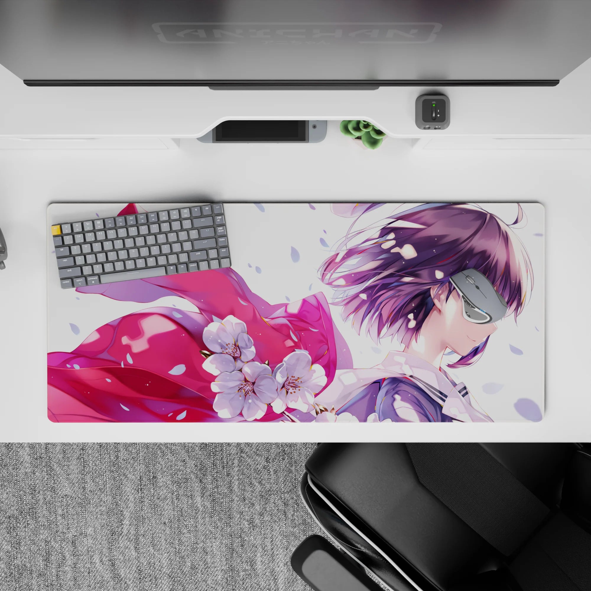 Pastel spring mood desk pad 36x16 inches, soft lavender and pink tones with crisp sakura petals.