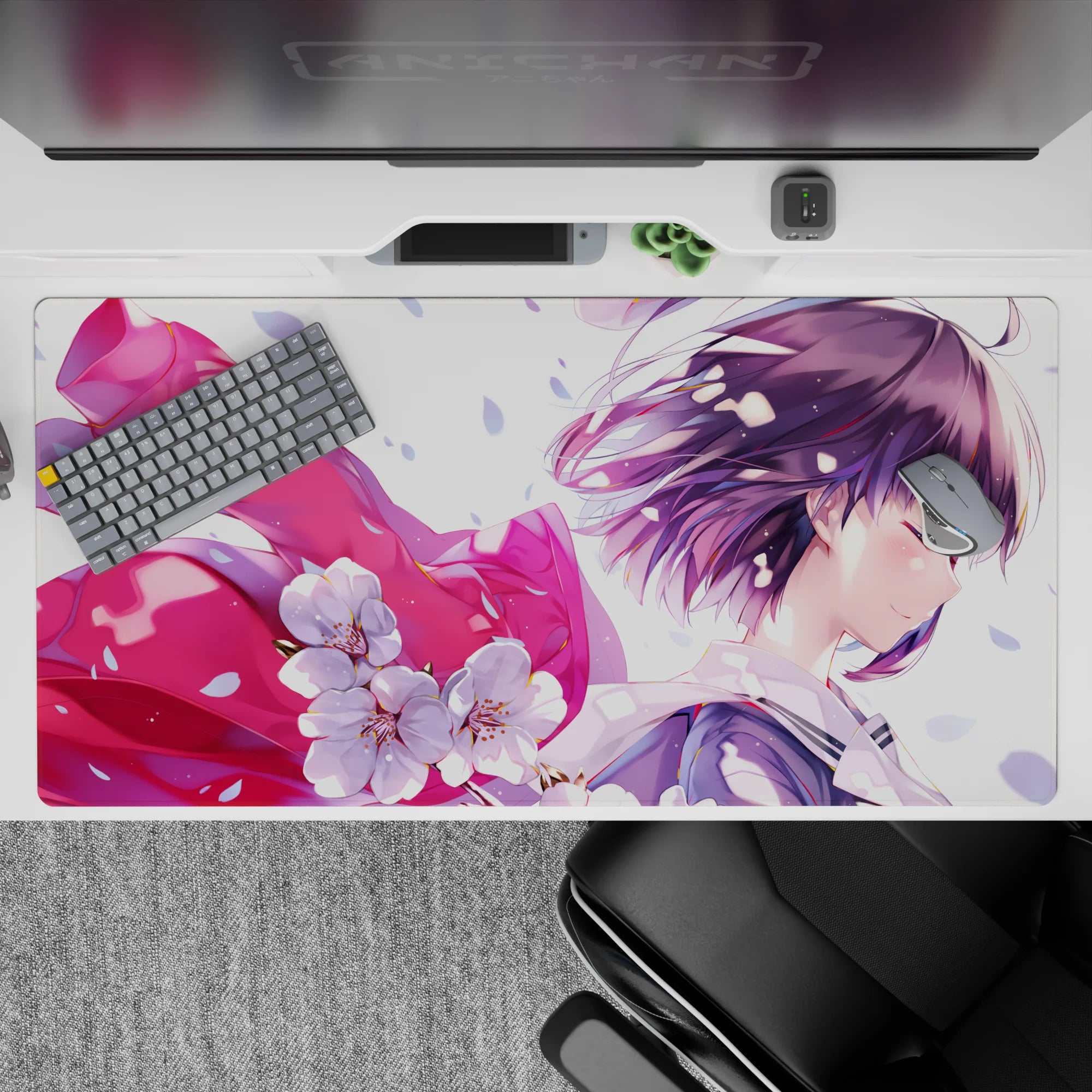 40x20 inches pastel lavender and pink anime desk pad, dreamy spring vibe with crisp sakura petals.