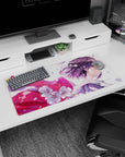 32x16 inches desk mat showing a smiling anime girl, hair in the breeze under bright white cherry blossoms.