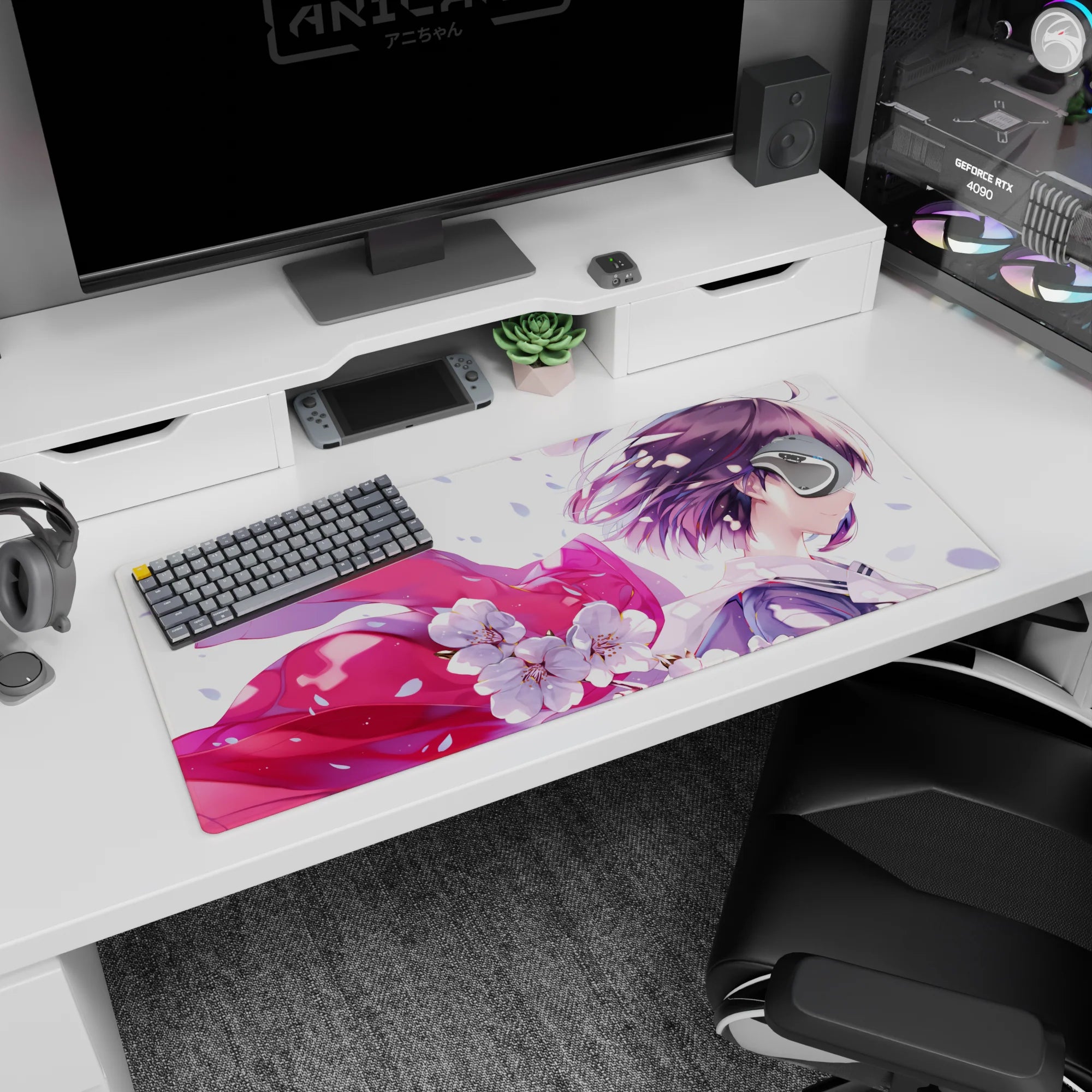 36x16 inches anime girl mouse pad showing a quiet smile in a white sky as sakura confetti drifts.