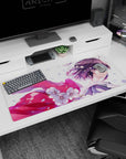 36x16 inches anime girl mouse pad showing a quiet smile in a white sky as sakura confetti drifts.