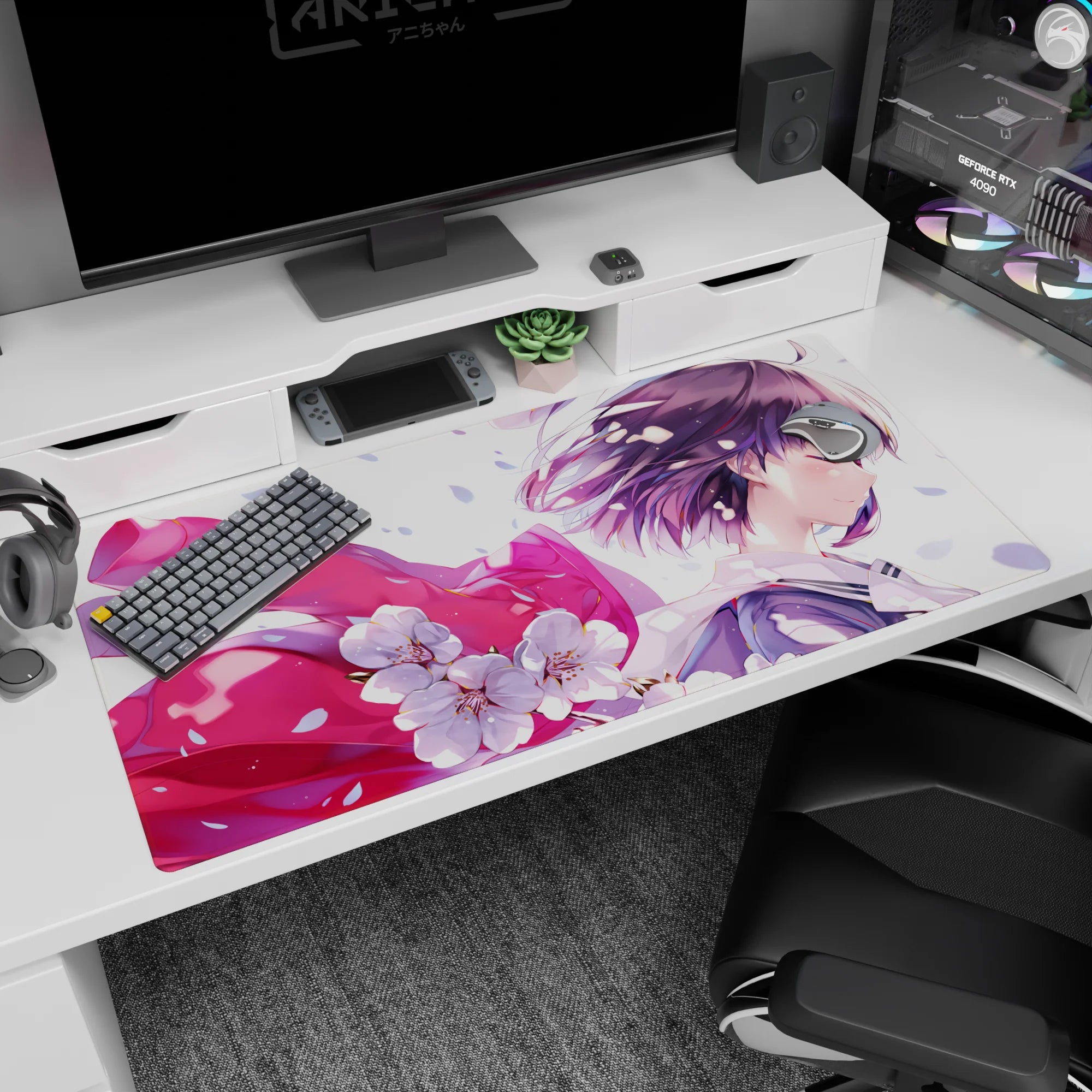 40x20 inches anime desk pad showing a soft-smiling girl with windblown lavender hair in sakura shower.